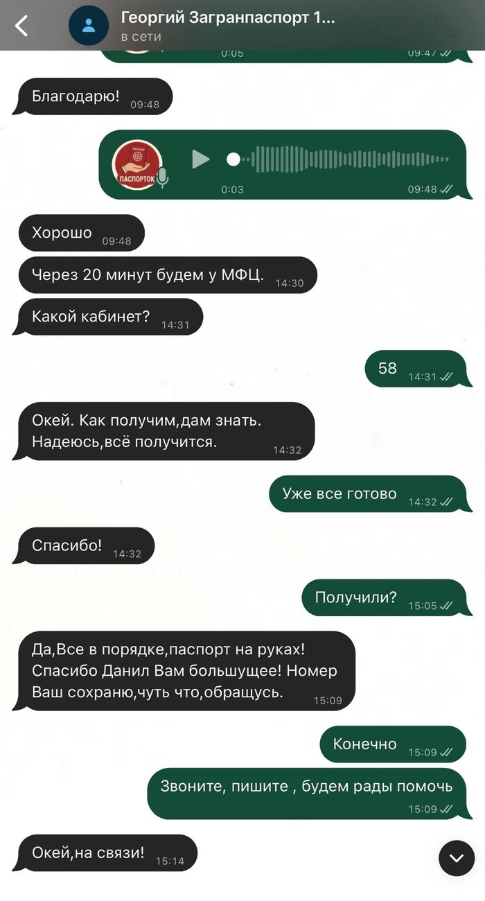 Переписка с клиентом Георгием о получении загранпаспорта