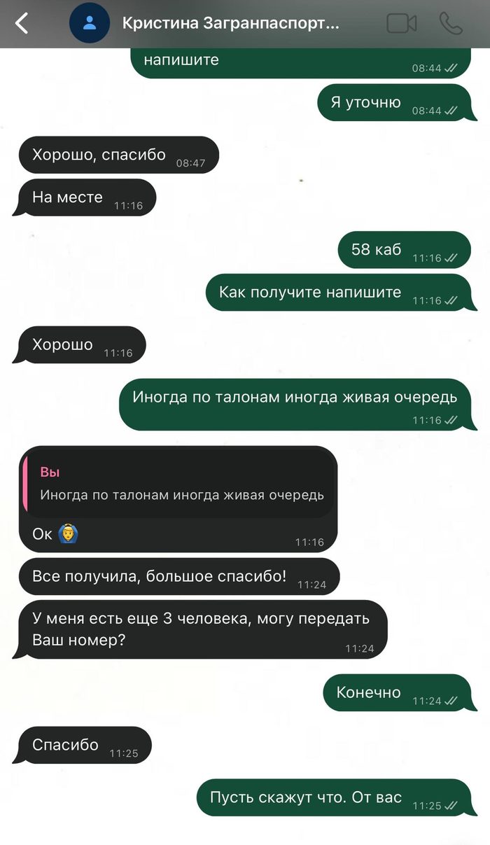 Переписка с клиенткой Кристиной об оформлении загранпаспорта