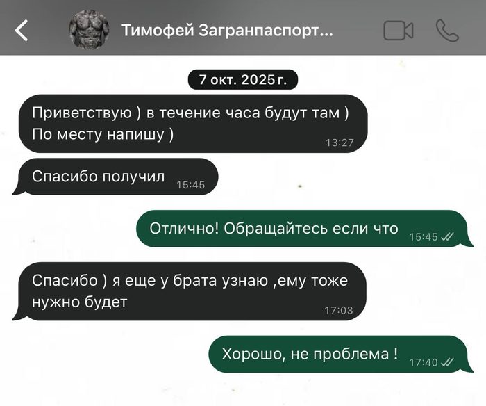 Переписка с клиентом Тимофеем об оформлении загранпаспорта